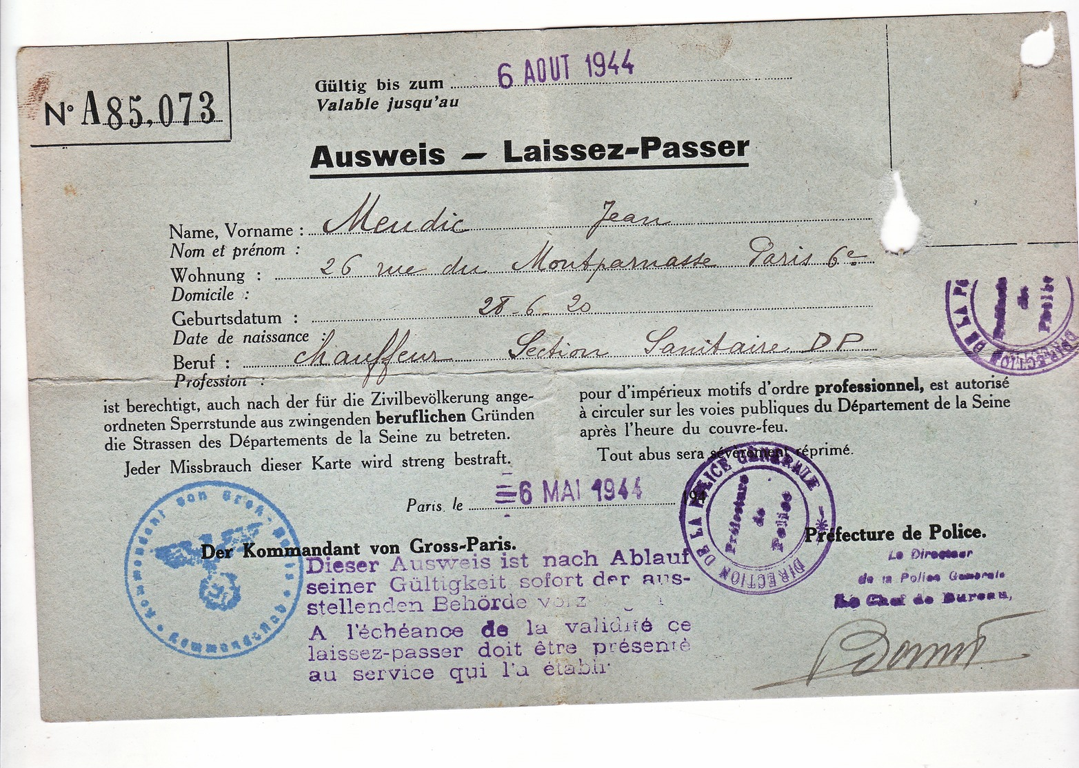 Laissez Passer Ausweis 1944 Von Gross Paris Tampon Allemand WW2 - Dokumente