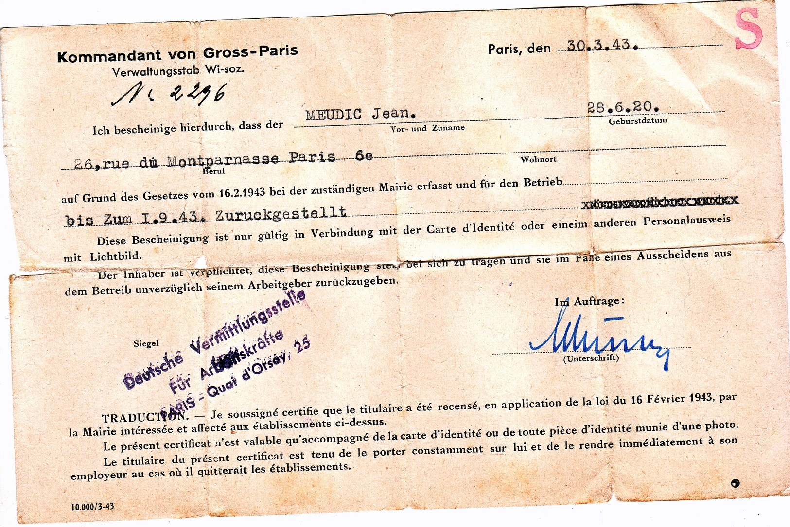 Laissez Passer Ausweis 1943 Von Gross Paris WW2 - Dokumente