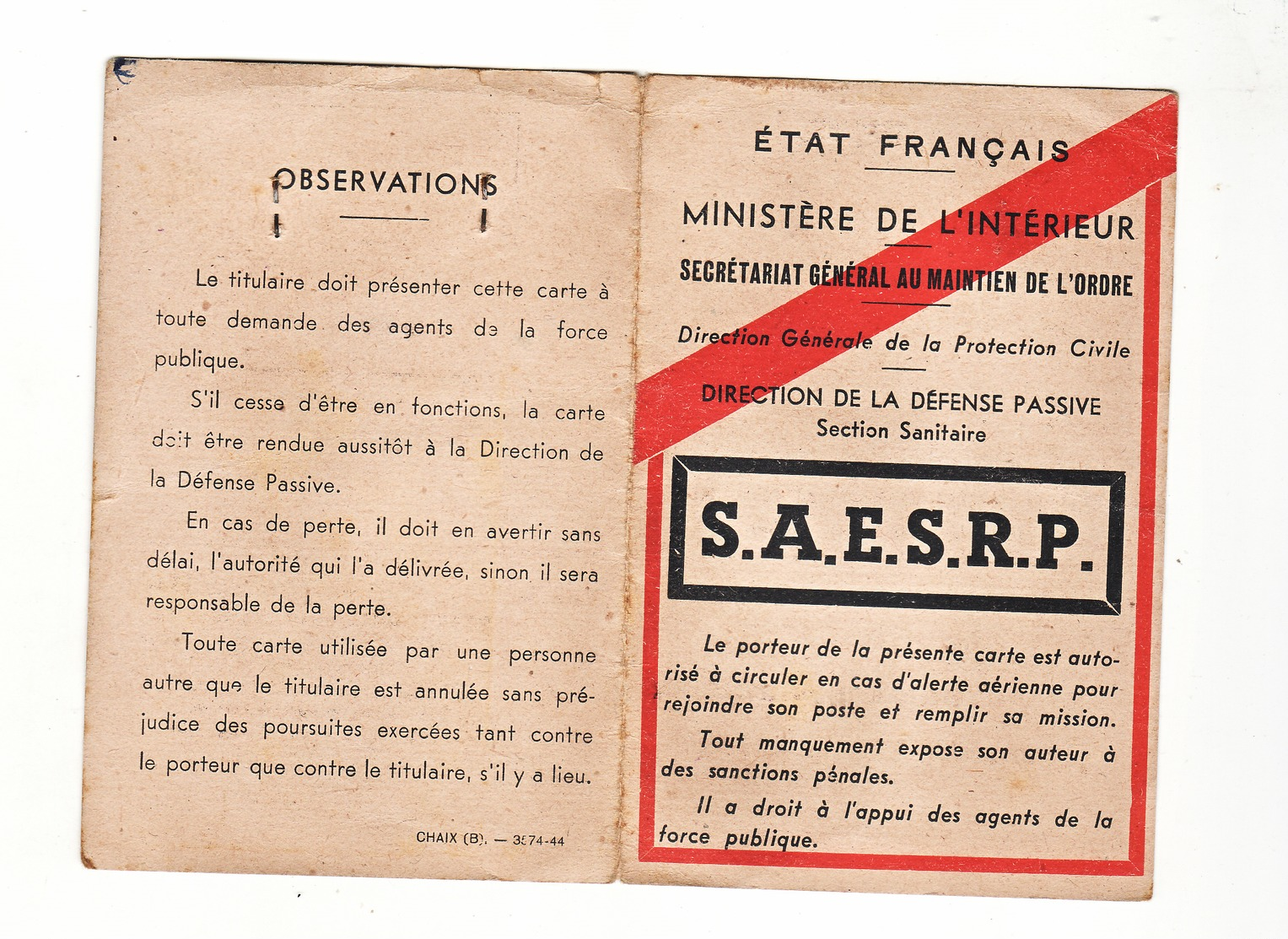 Laissez Passer Defense Passive Alerte Aérienne 1944 - Dokumente