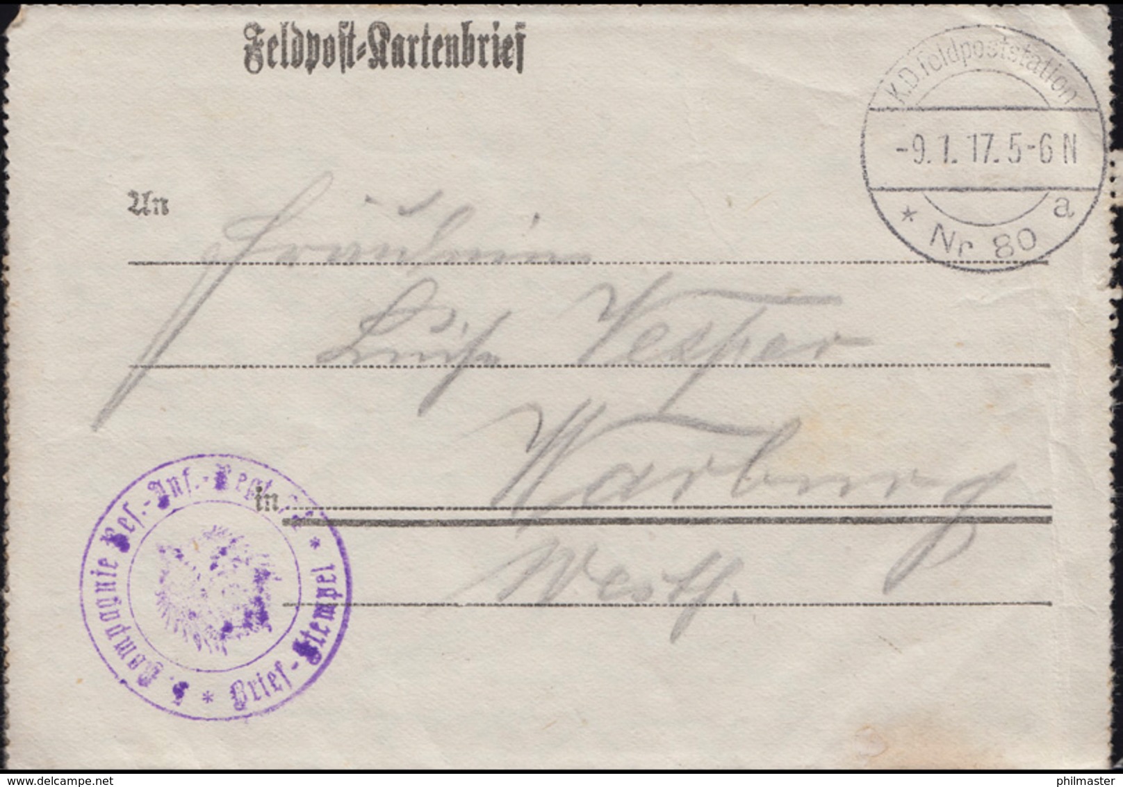 Feldpost-Kartenbrief K.D. Feldpoststation Nr. 80 A - 9.1.17 Nach Warburg - Besetzungen 1914-18