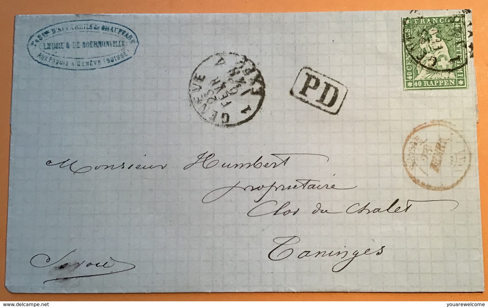 40 RP STRUBEL SPÄTVERWENDUNG „GENEVE FEVR. 1863“>Taninges Savoie France(lettre Brief Sitzende Helvetia Suisse Schweiz - Storia Postale