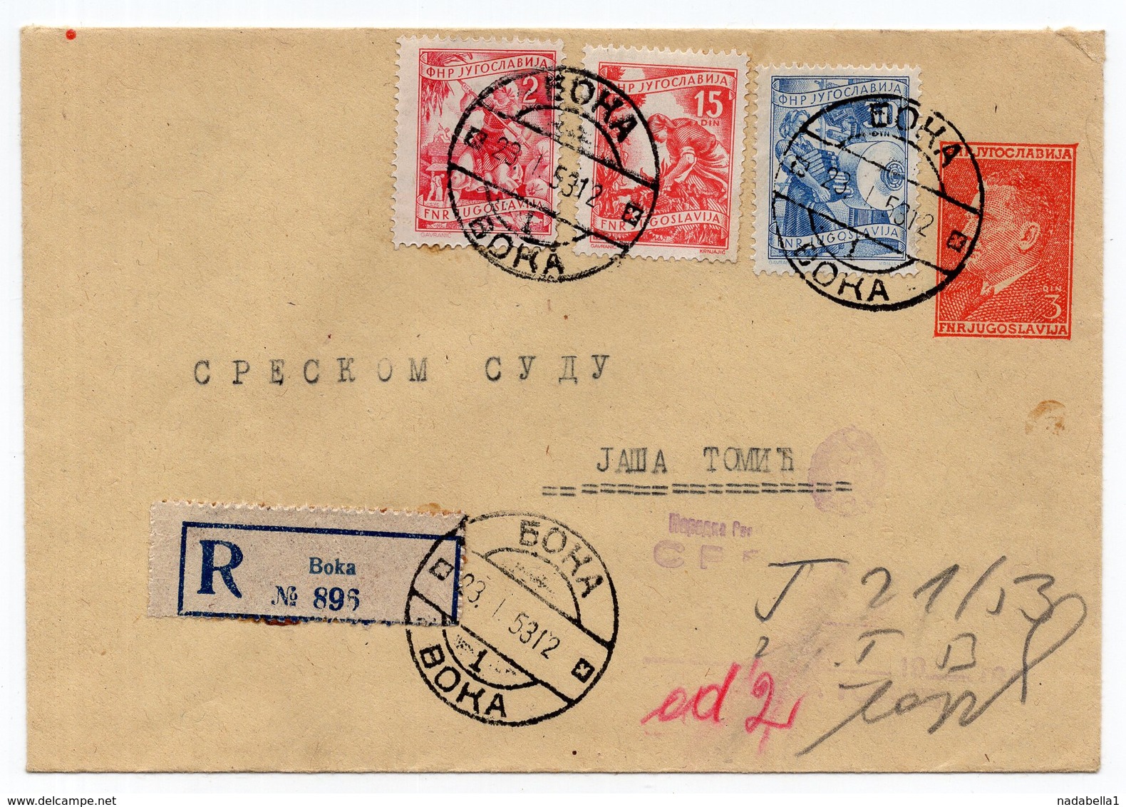 1953 YUGOSLAVIA, SERBIA, BOKA-BANAT TO JASA TOMIC, TITO, 3 DINAR STAMP, REGISTERED STATIONERY COVER, USED - Postal Stationery