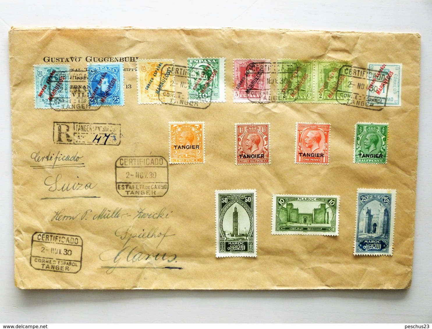 ESPAGNE / MARRUECOS / TANGER // 1930, R-cover > SWITZERLAND / SUISSE, GLARUS. (7 Add. Stamps NOT Belonging To This Cover - Spanisch-Marokko