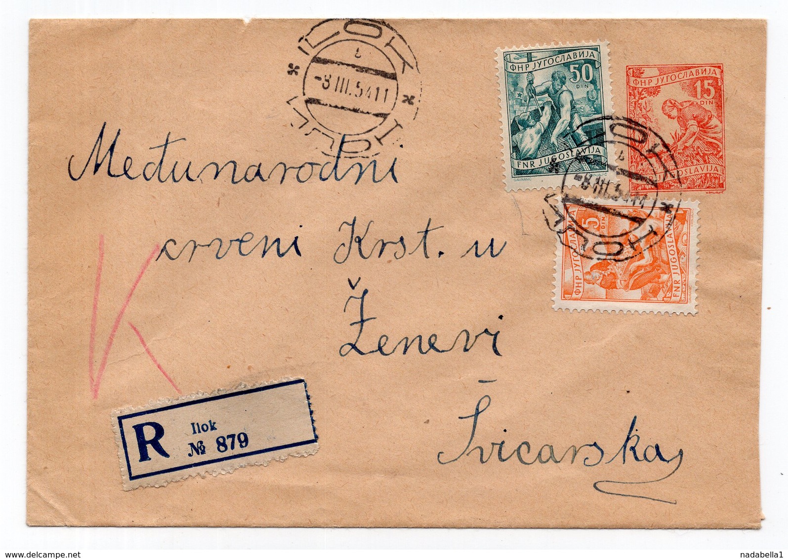 1954 YUGOSLAVIA, SERBIA, ILOK TO  RED CROSS GENEVA, SWITZERLAND, INDUSTRY, REGISTERED STATIONERY COVER, USED - Postal Stationery