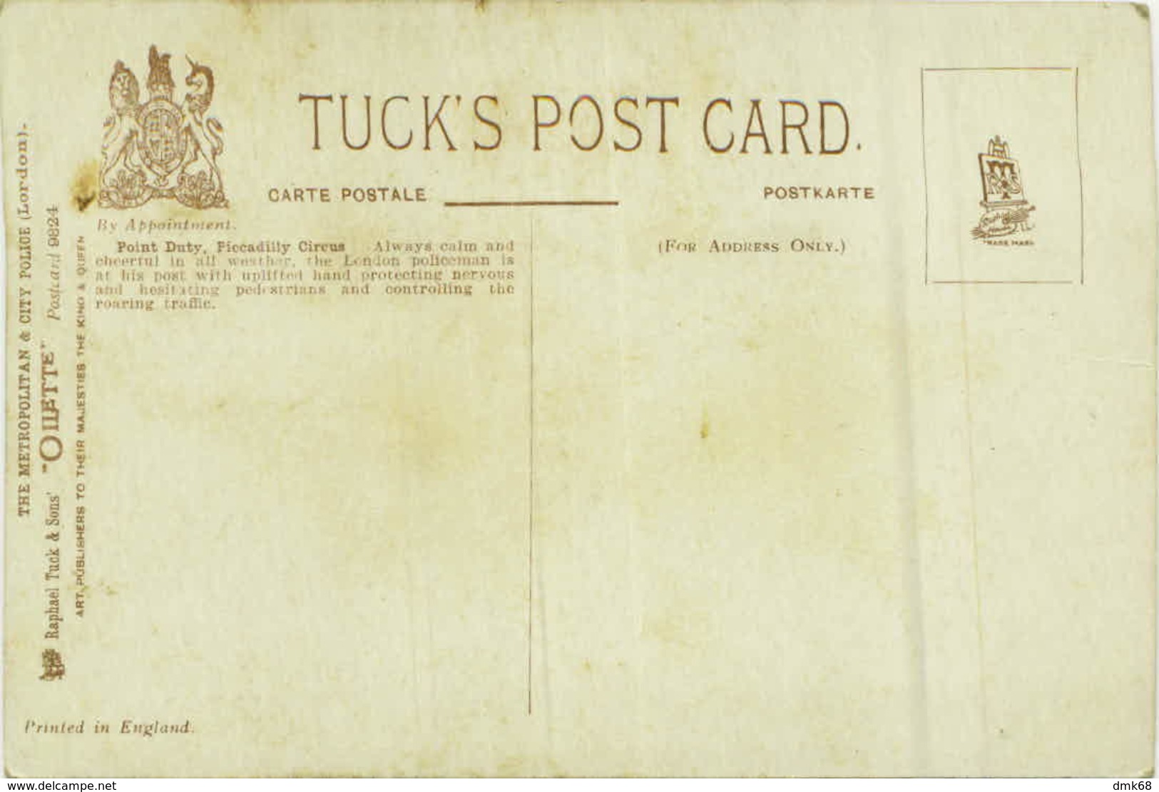 HARRY PAYNE SIGNED TUCK'S POSTCARD 1910s - METROPOLITAN POLICE / POINT DUTY PICCADILLY CIRCUS - N. 9824 (BG763) - Tuck, Raphael