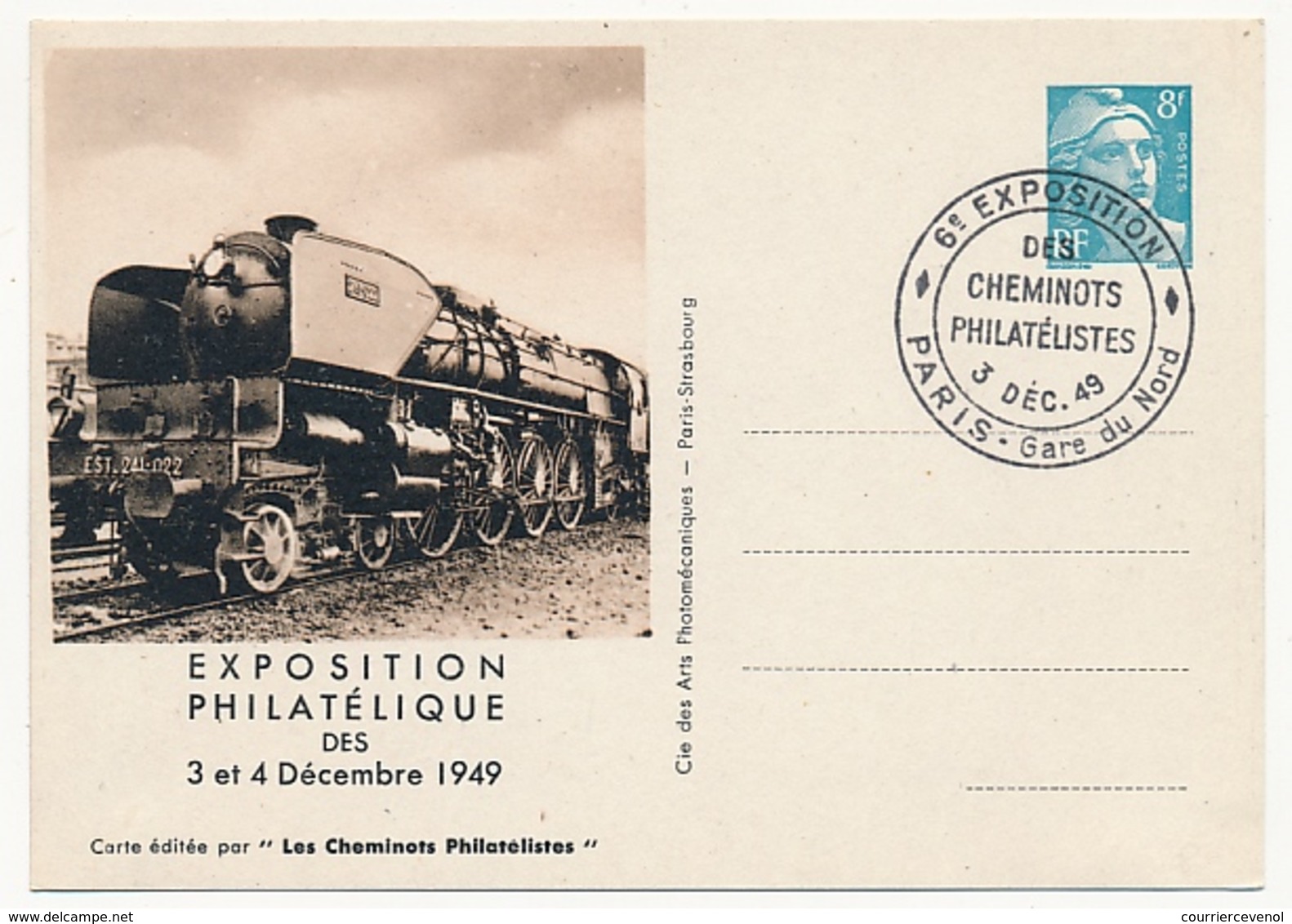 FRANCE - Entier CP Timbré S/Commande 8F Gandon - Cheminots Philatélistes 1949 - Locomotive Vapeur ... - Standard Postcards & Stamped On Demand (before 1995)