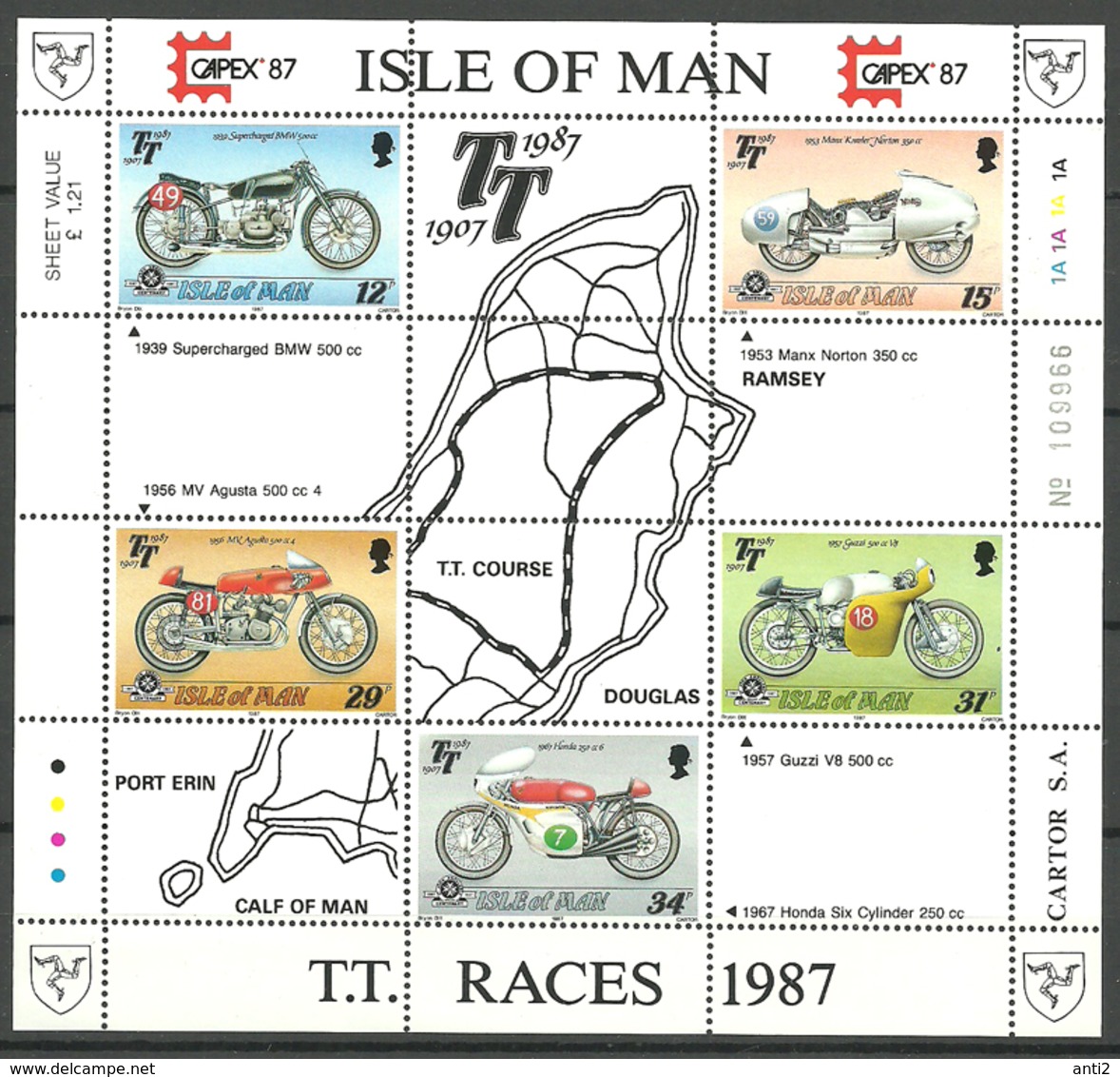 Isle Of Man IOM 1987  TT Races, Motor Bikes Mi  Bloc 9, MNH(**) - Isle Of Man