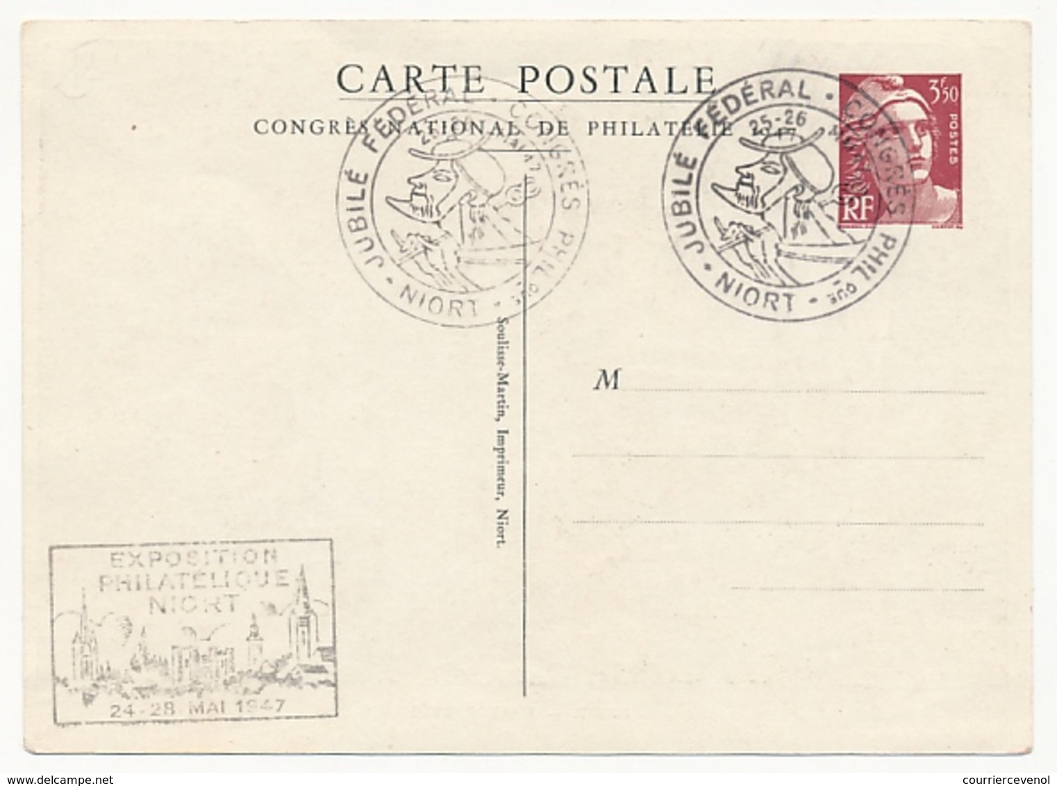 FRANCE - Entier CP Timbré S/Commande 3,50F Gandon - NIORT, L'eau Barrée - Oblitérée Jubilé Fédéral - Standard Postcards & Stamped On Demand (before 1995)