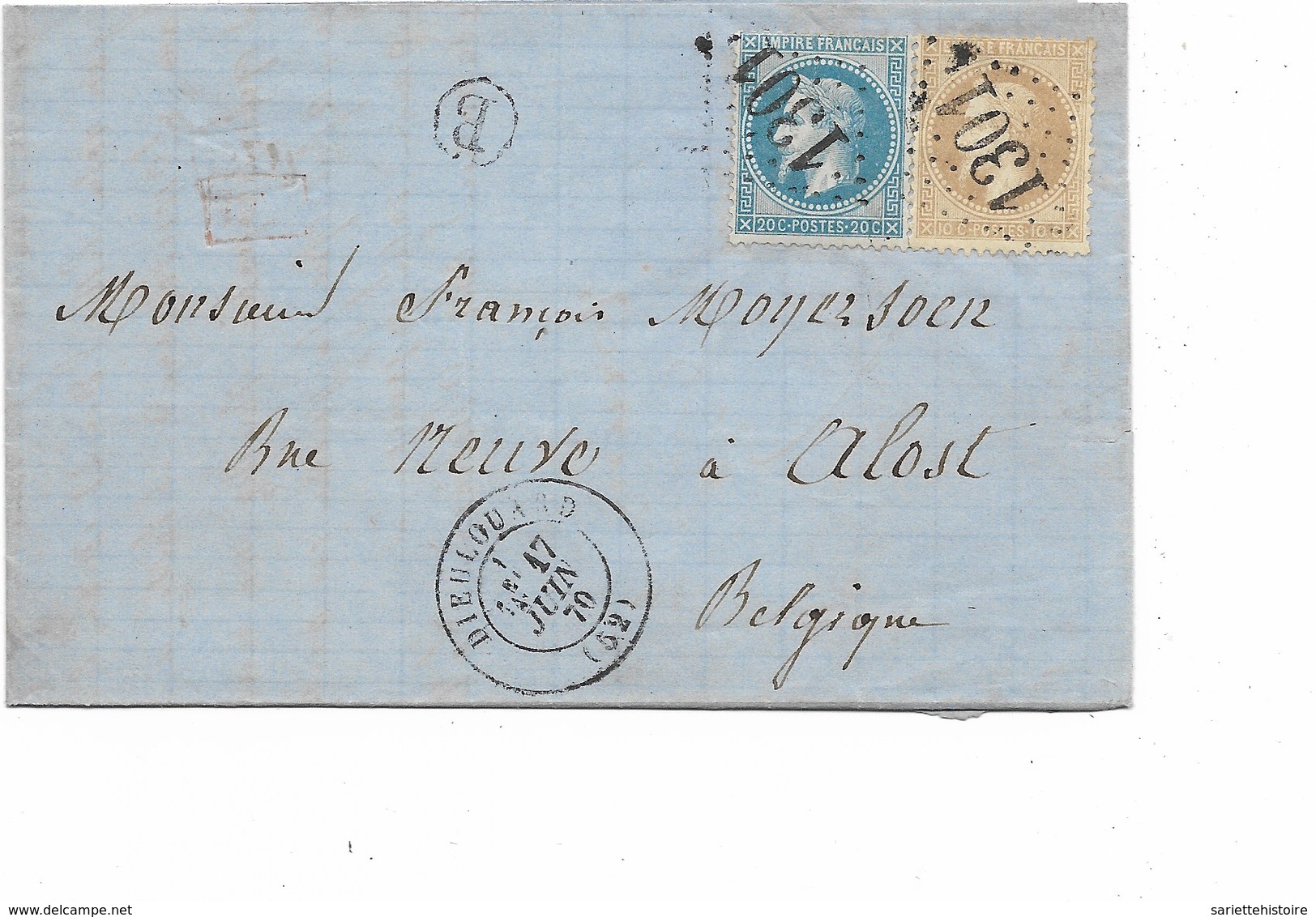 SH 0293. N° 28-29 GC 1301/DIEULOUARD 17 JUIN 70 + BOÎTE RURALE "B" S/LAC Vers ALOST (B). Pothion Ind. 8. TB - 1863-1870 Napoléon III Lauré