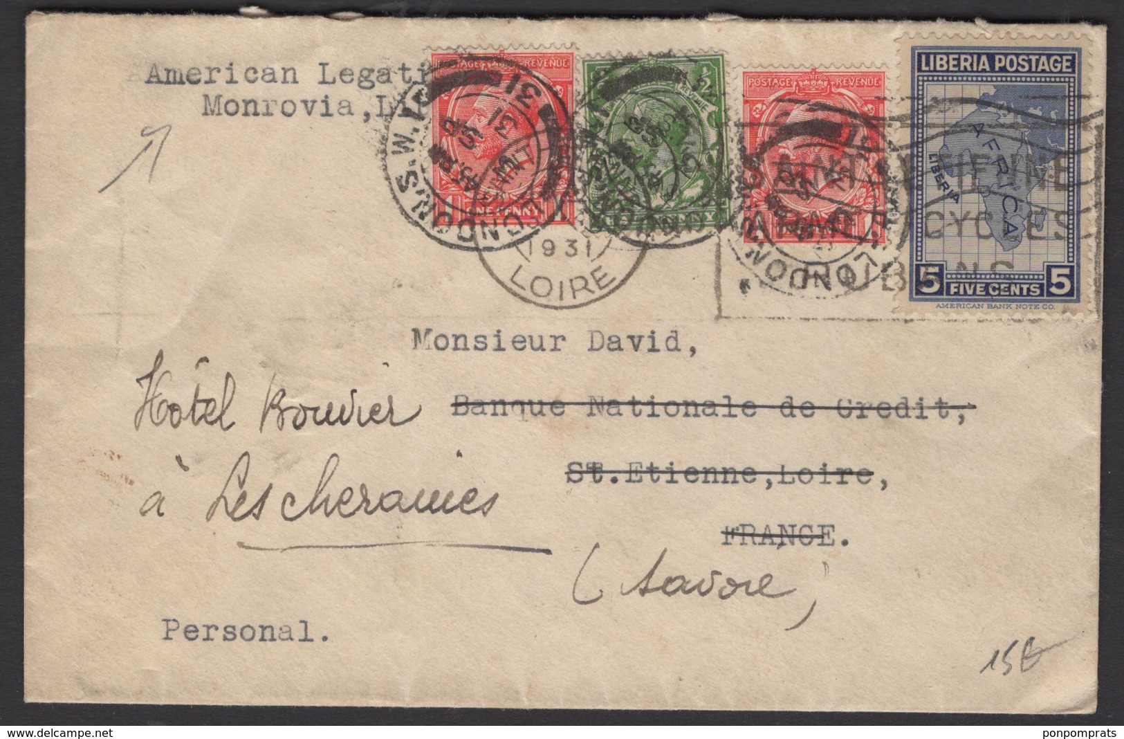 LIBERIA: Enveloppe Afrt Mixte à 4 Timbres 5c Du LIBERIA + 1p X2 +1/2p Oblt Diverses > FRANCE - Liberia