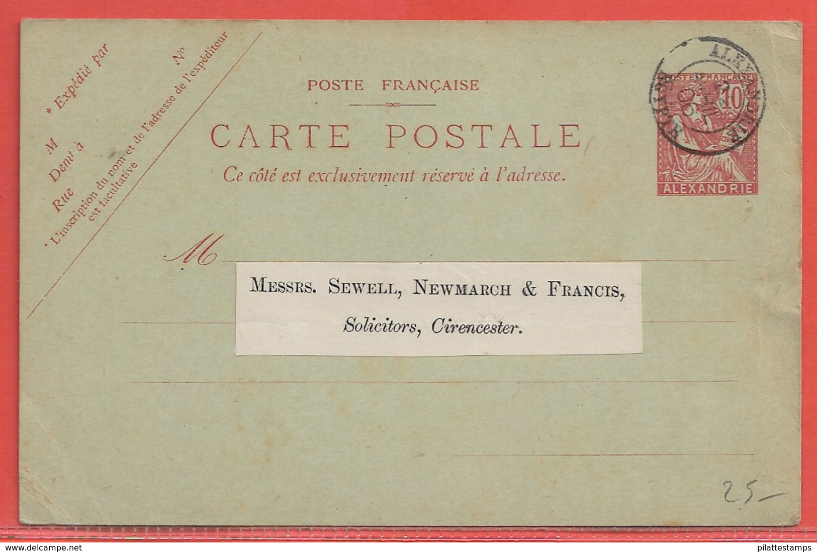 ALEXANDRIE ENTIER POSTAL DE 1906 POUR CIRENCESTER - Lettres & Documents