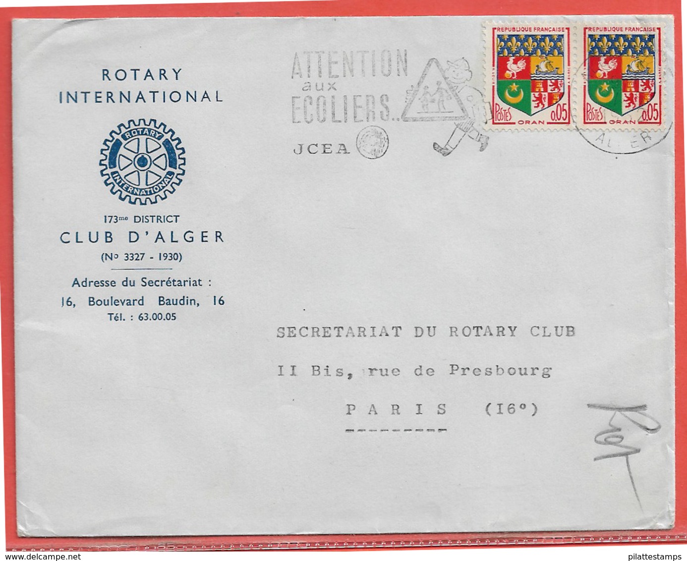 ALGERIE LETTRE ROTARY DE 1962 DE ALGER POUR PARIS FRANCE - Covers & Documents