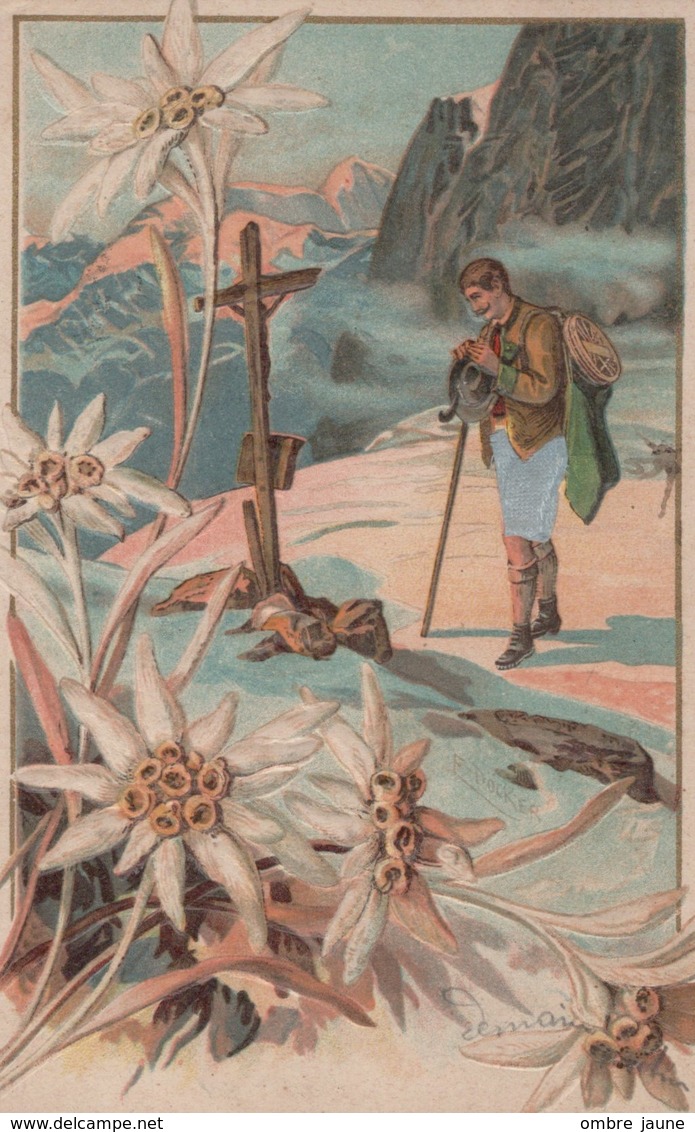 T5 - CP - Illustrateur Signé DOCKER   - Carte Gauffrée Pantalon Du Montagnard En Tissus - Edelweiss - Doecker, E.