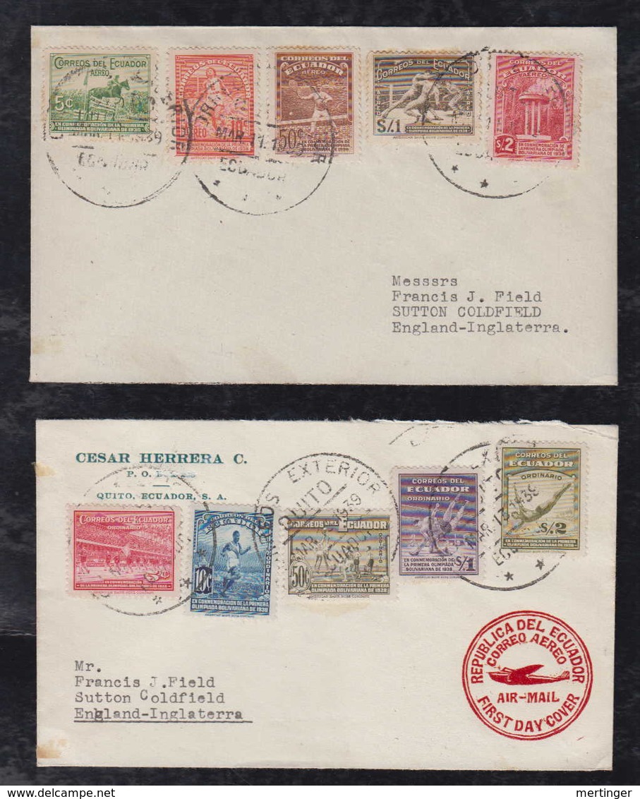 Ecuador 1939 2 FDC Covers Sport Stamps To England - Ecuador