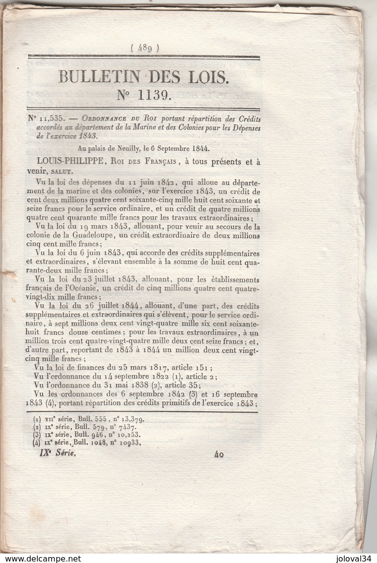 Bulletin Des Lois 1139 De 1844 - Crédit Pour Marine Et Colonies - Pont Sur L'Agne à Magnères Meurthe Avec Tarif Péage - Decretos & Leyes