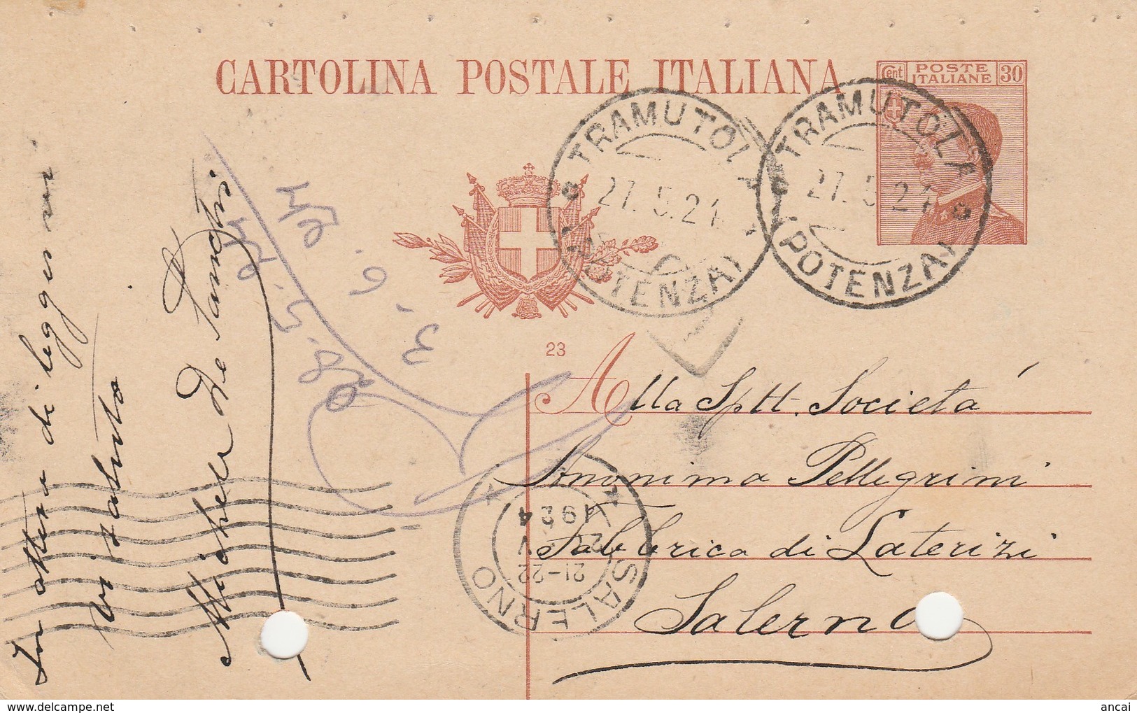 Tramutola. 1921. Annullo Guller TRAMUTOLA ( POTENZA ), Su Cartolina Postale Con Testo - Storia Postale