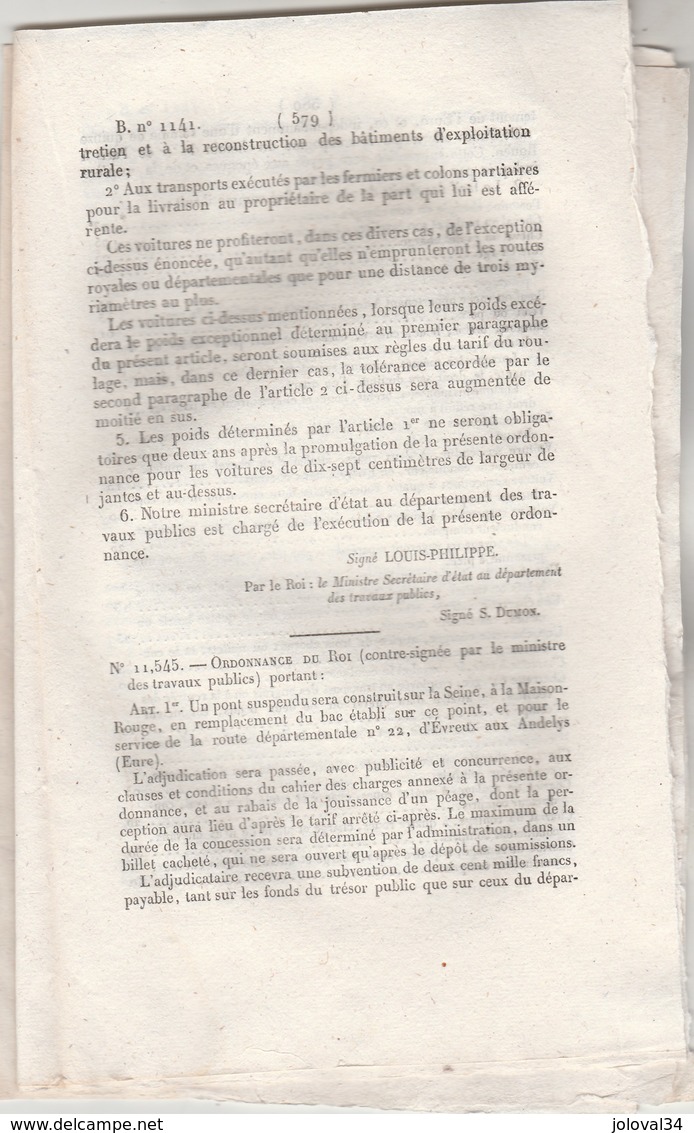 Bulletin Des Lois 1141 De 1844 Pont Sur La Seine à Maison Rouge Et Sur Dordogne à Carennac Lot Avec Tarif Péage - Décrets & Lois