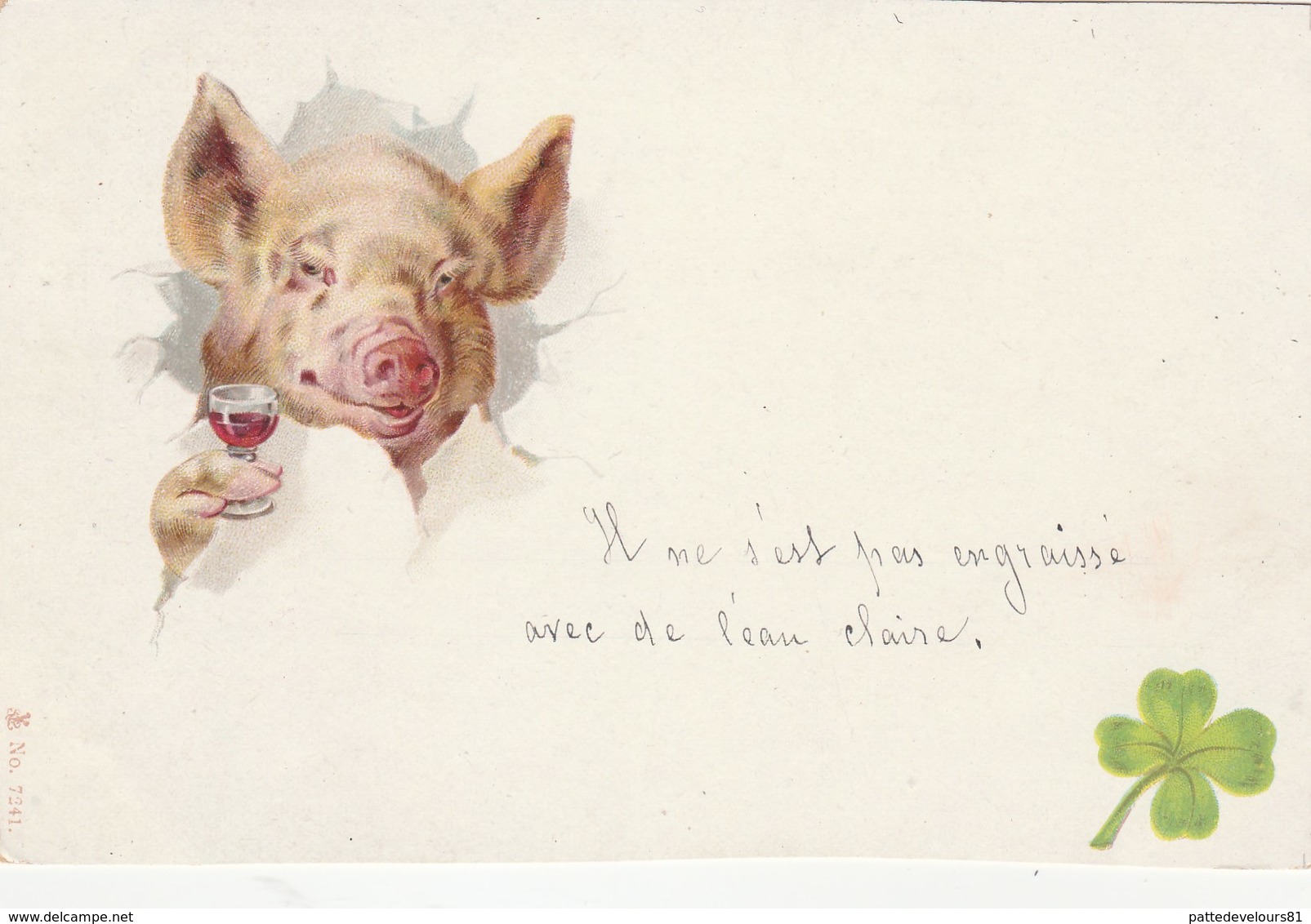 CPA Lithographiée Animal Humanisé Position Humaine Cochon Porc Pig Ripailles Alcool Vin Illustrateur (2 Scans) - Cerdos
