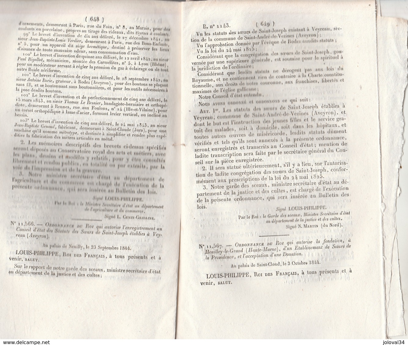 Bulletin Des Lois 1143 De 1844 Brevets Invention ( 109 Cessions ) Soeurs à Veyrau Aveyron Et Heuilley Haute Marne - Décrets & Lois