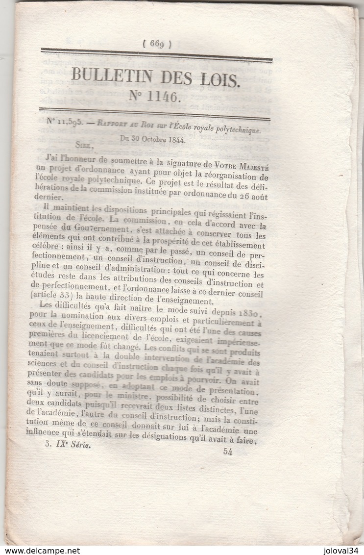 Bulletin Des Lois 1146 De 1844 Rapport Au Roi Sur L'Ecole Royale Polytechnique ( 18 Pages ) - Décrets & Lois