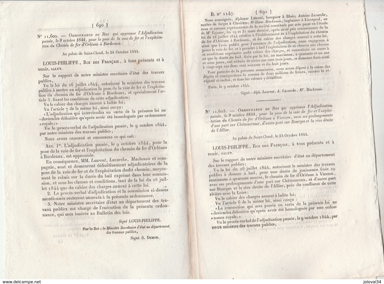 Bulletin Des Lois 1147 De 1844 Chemin De Fer Orléans Bordeaux, Orléans Vierzon, Amiens Boulogne - Décrets & Lois