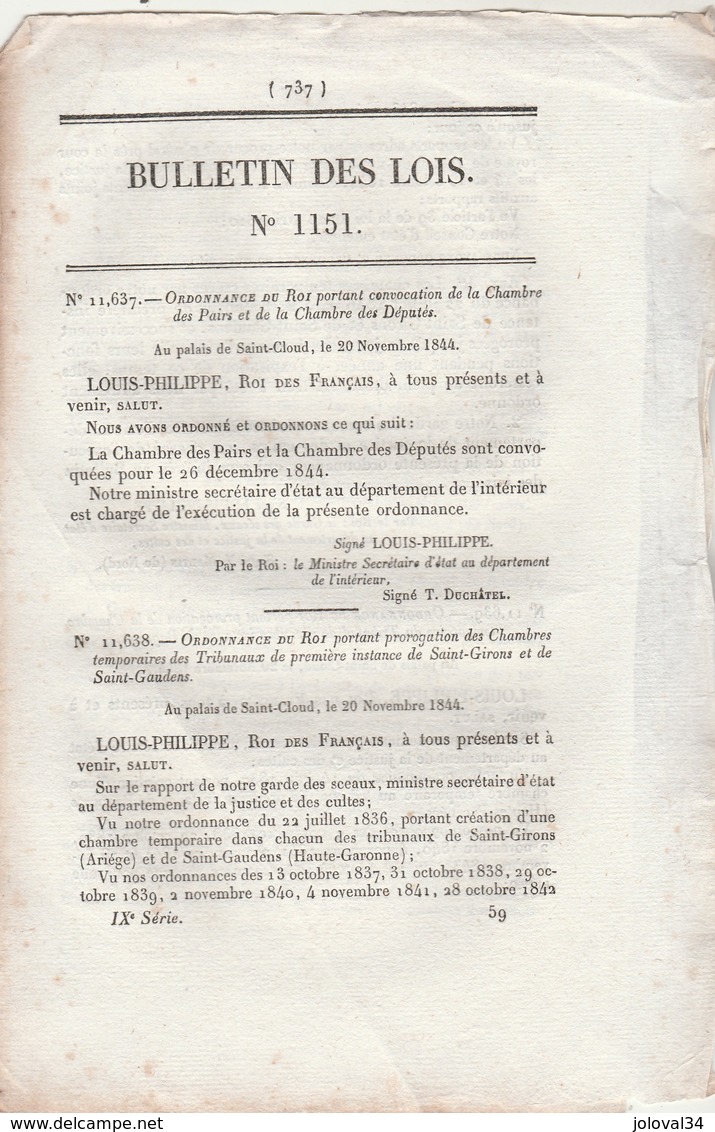 Bulletin Des Lois 1151 De 1844 Tribunal 1 ère Instance Bagnères Hautes Pyrénées - Décrets & Lois