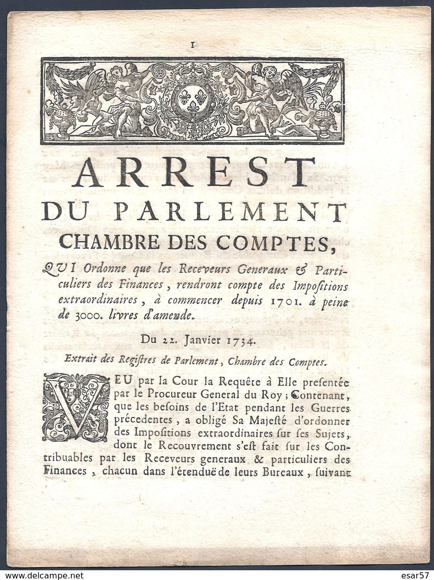 ARREST Du Parlement Chambre Des Comptes    METZ 22 JANVIER 1734 - Decrees & Laws