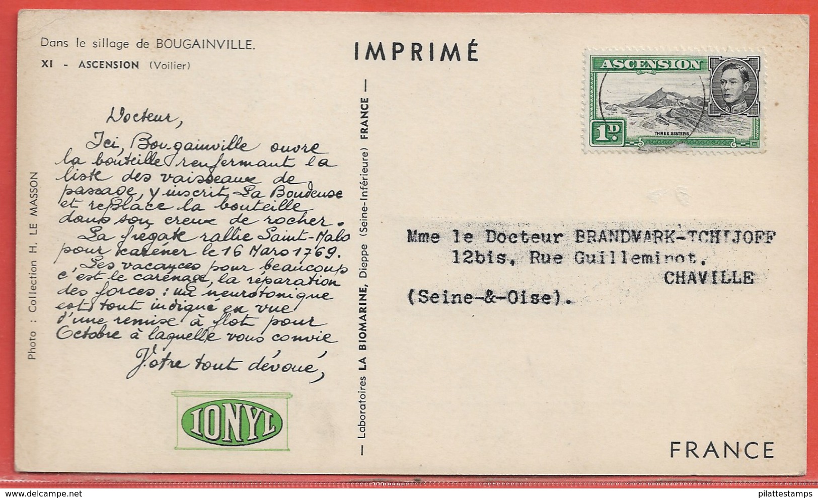 ASCENSION CARTE PHARMACEUTIQUE DE 1955 POUR CHAVILLE FRANCE - Ascension (Ile De L')