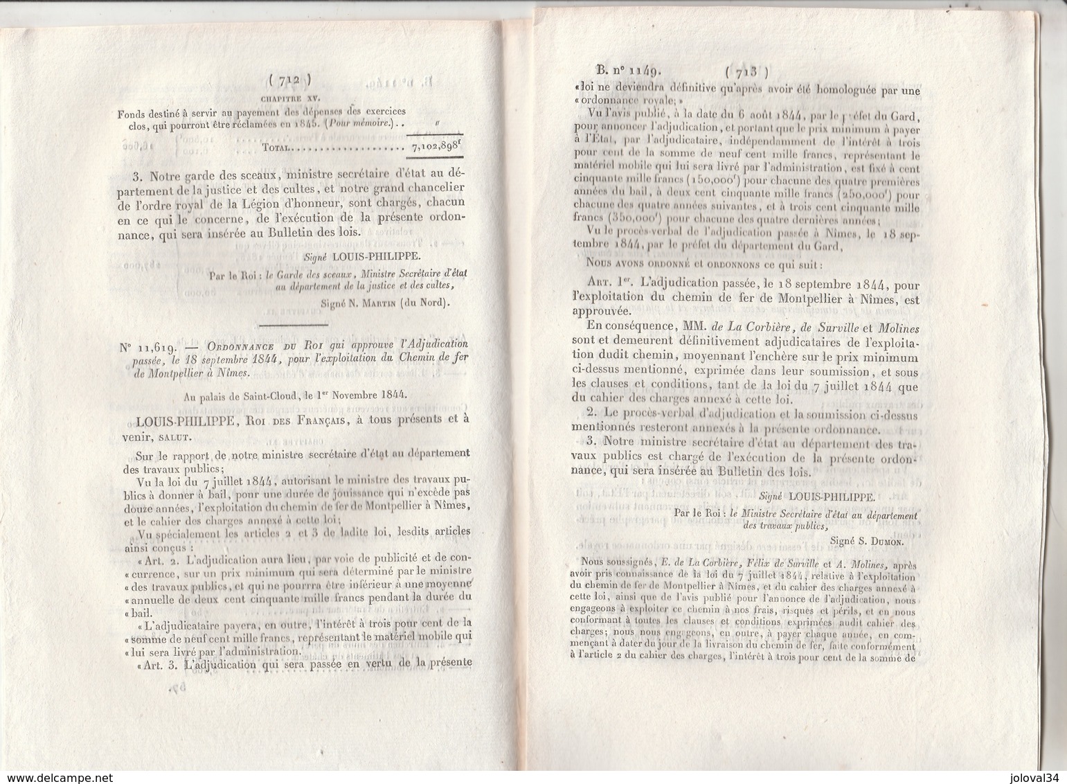 Bulletin Des Lois 1149 De 1844 Chemin De Fer Montpellier Nimes Et Atmosphérique Entre Nanterre Et Saint Germain - Décrets & Lois