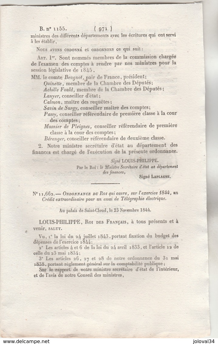 Bulletin Des Lois 1155 De 1844 Extradition Malfaiteurs France Toscane - Essai Télégraphie électrique - Gesetze & Erlasse