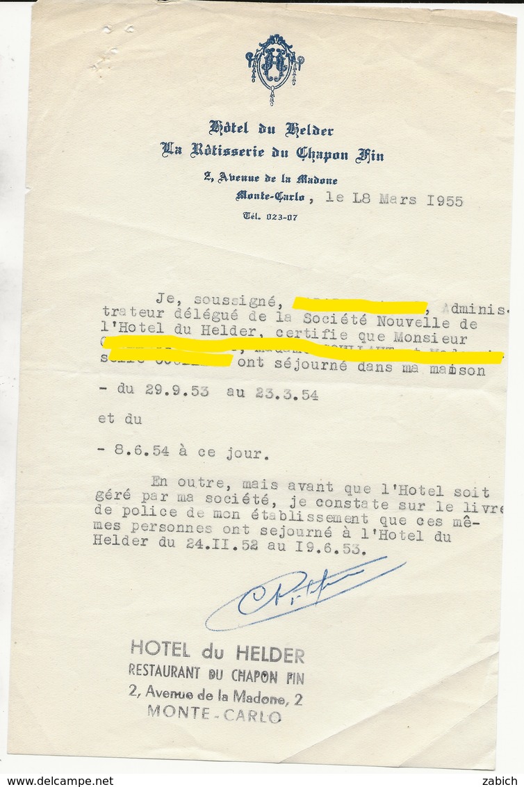 MONACO ANCIEN HOTEL HELDER COURRIER Du 18 Mars1955 - Altri & Non Classificati