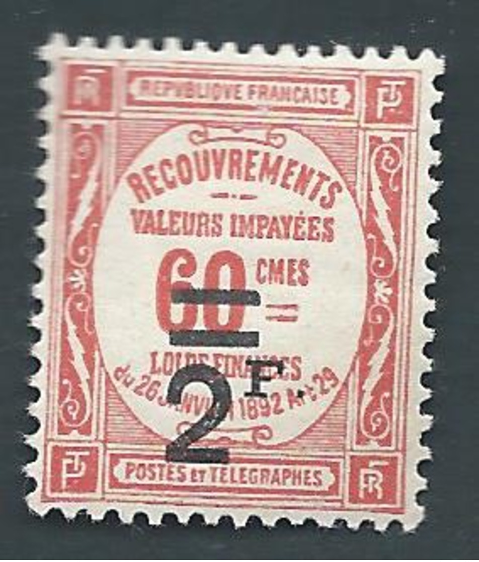 FRANCE - 1926 - Timbre Taxe YT N°54 - 2 F. Sur 60 C. Rouge - Neuf* - TTB Etat - 1859-1959 Neufs