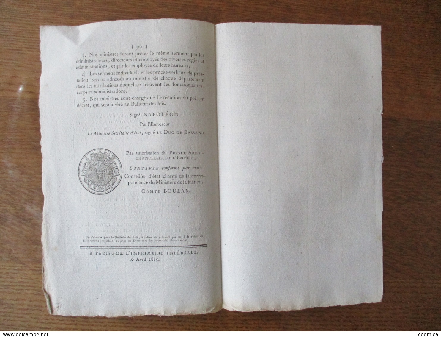 BULLETIN DES LOIS N° 12 LE 8 AVRIL 1815 DECRET IMPERIAL RELATIF A LA PRESTATION DE SERMENT DES FONCTIONNAIRES PUBLICS CI - Décrets & Lois