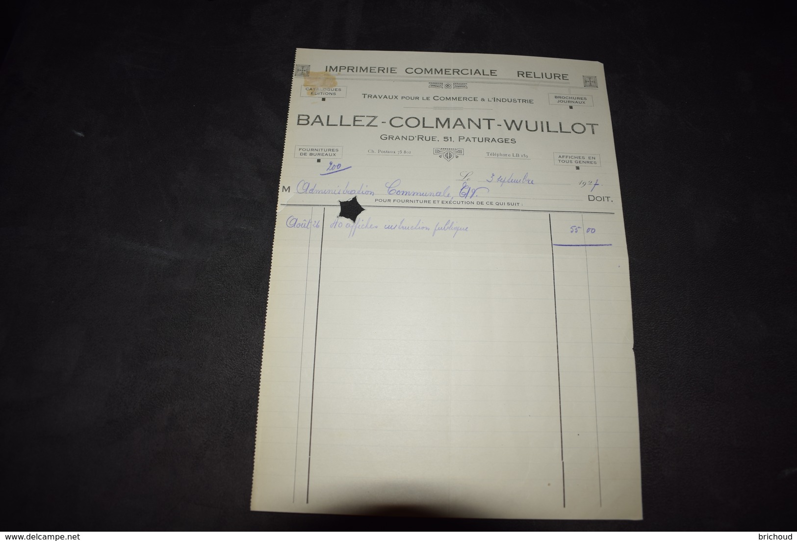 Facture Ballez - Colmant - Wuillot Imprimerie Commerciale Reliure Paturages 1927 - Imprenta & Papelería