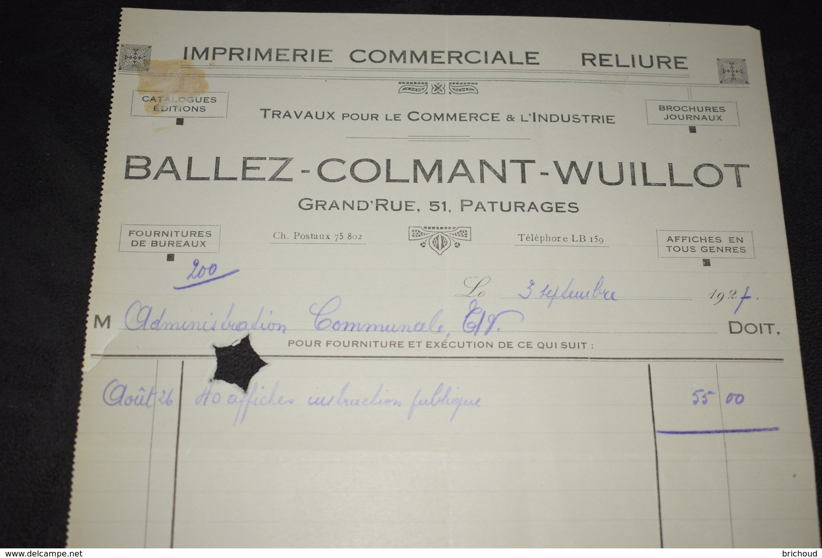 Facture Ballez - Colmant - Wuillot Imprimerie Commerciale Reliure Paturages 1927 - Imprenta & Papelería