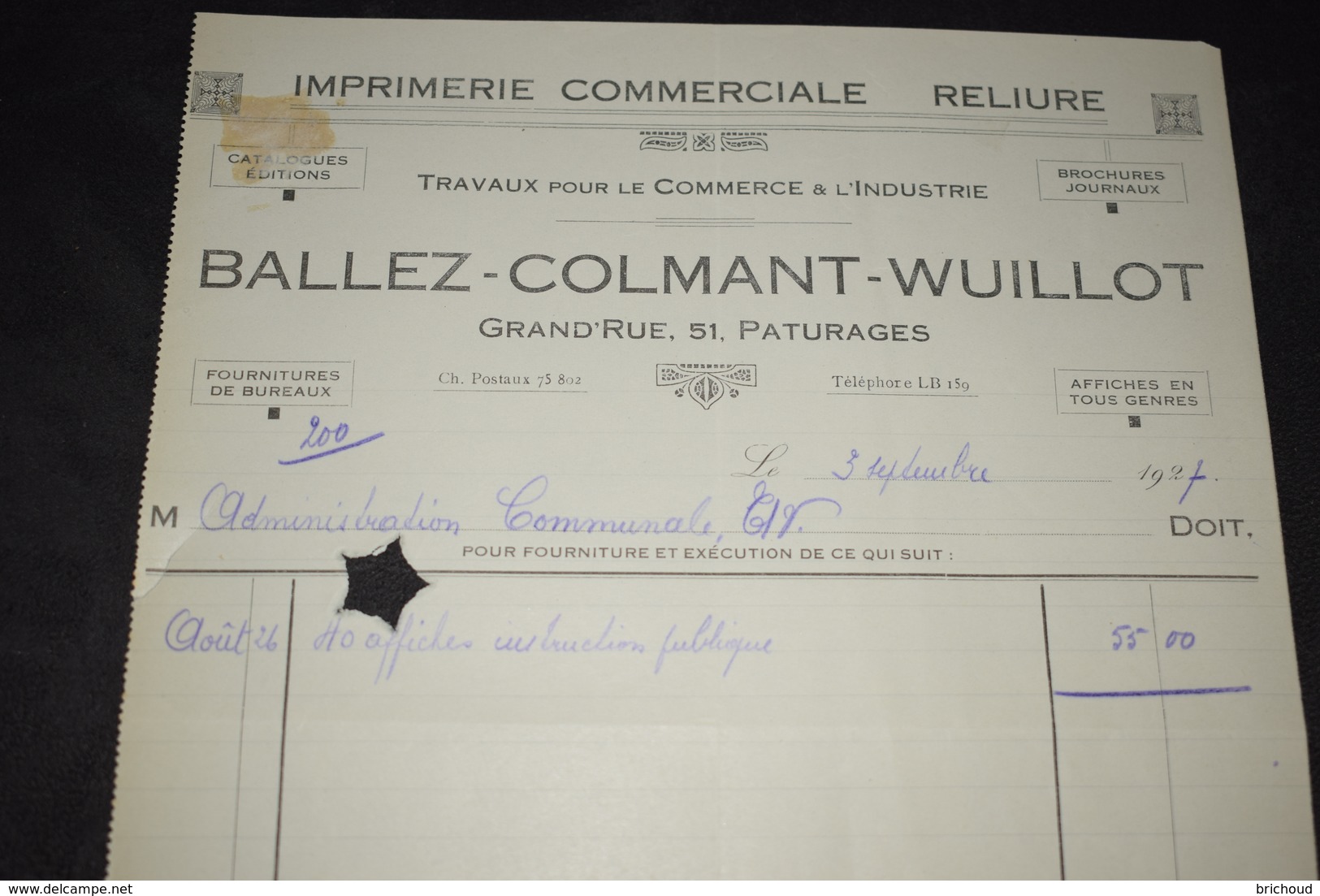 Facture Ballez - Colmant - Wuillot Imprimerie Commerciale Reliure Paturages 1927 - Drukkerij & Papieren