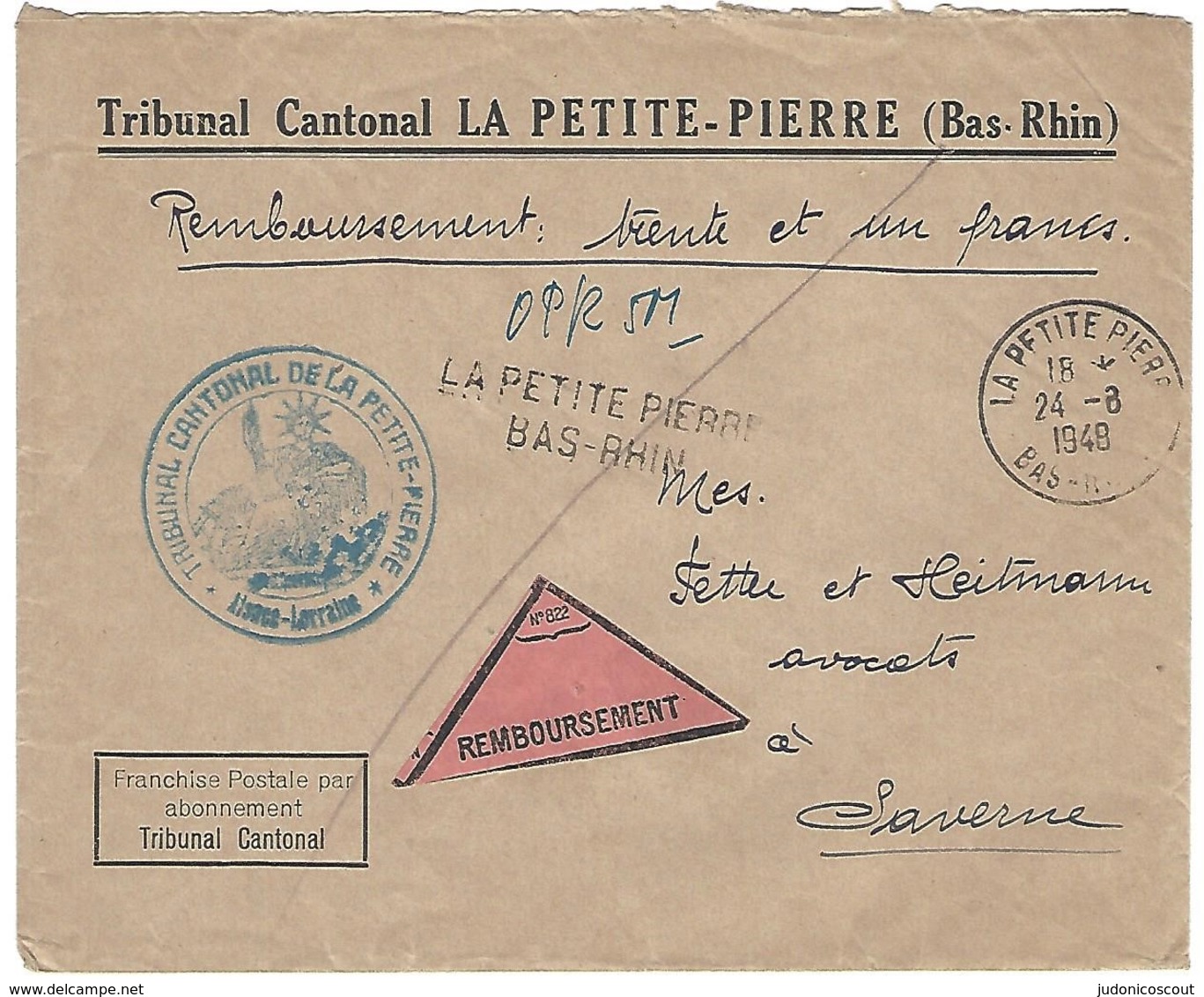 LA PETITE PIERRE 24.8.1948 Lettre Recommandée Contre Remboursement Cachet Provisoire Linéaire 2 Lignes LR501 Franchise - 1921-1960: Moderne