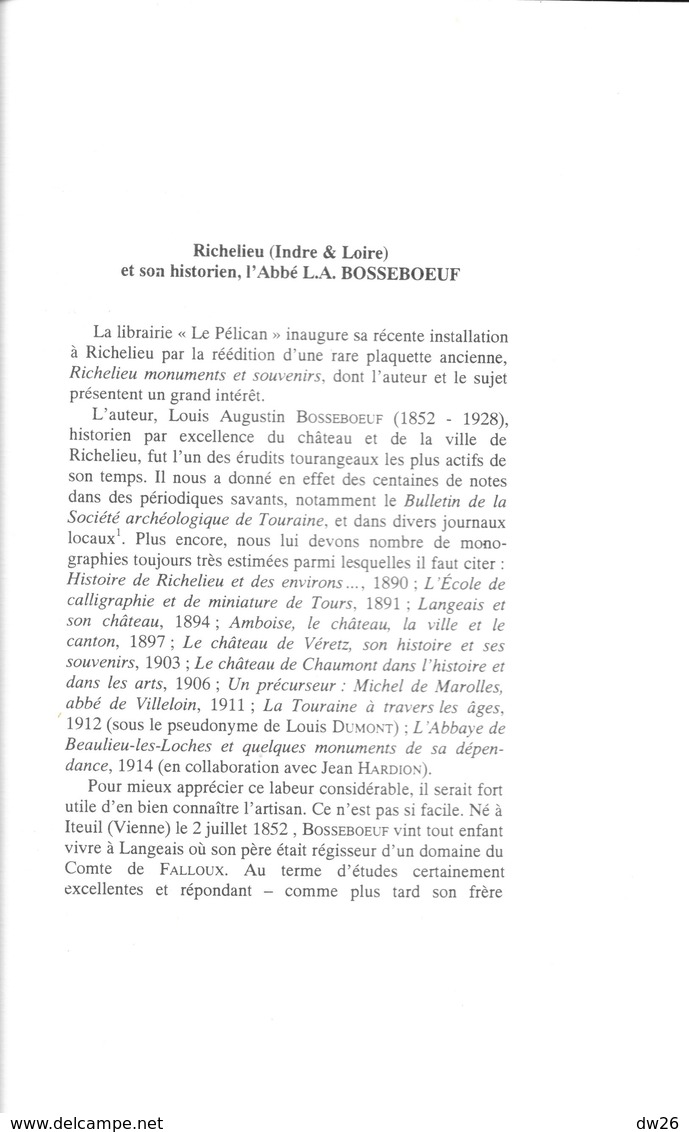 Livre Histoire: Richelieu (Indre-et-Loire) Par L'Abbé L.A. Bosseboeuf - Collection Coeur De Régions - Histoire