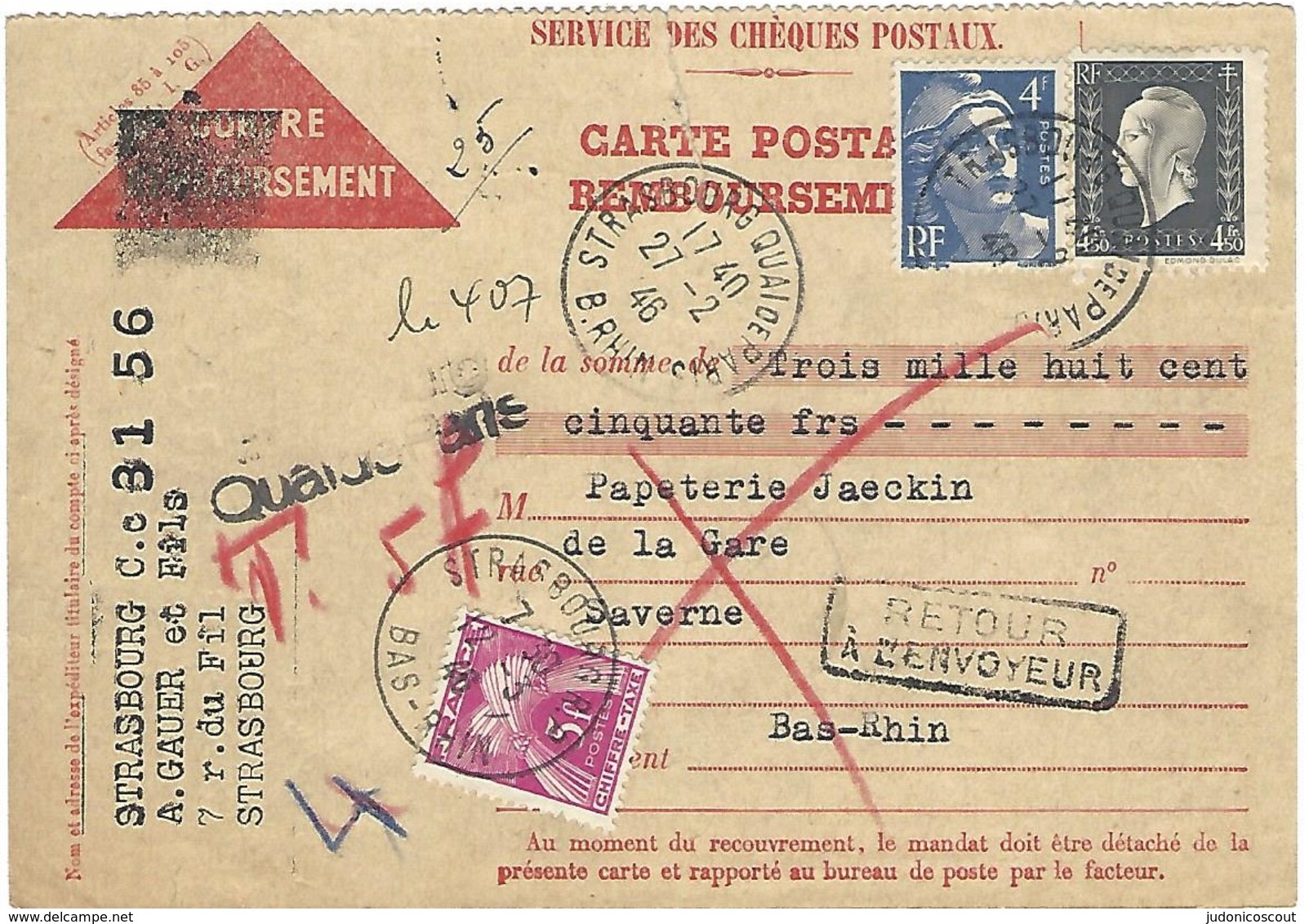 STRASBOURG QUAI DE PARIS 27.2.1946 CP Contre Remboursement Recommandée Cachet Provisoire Linéaire 2 Lignes LR407 - 1921-1960: Moderne