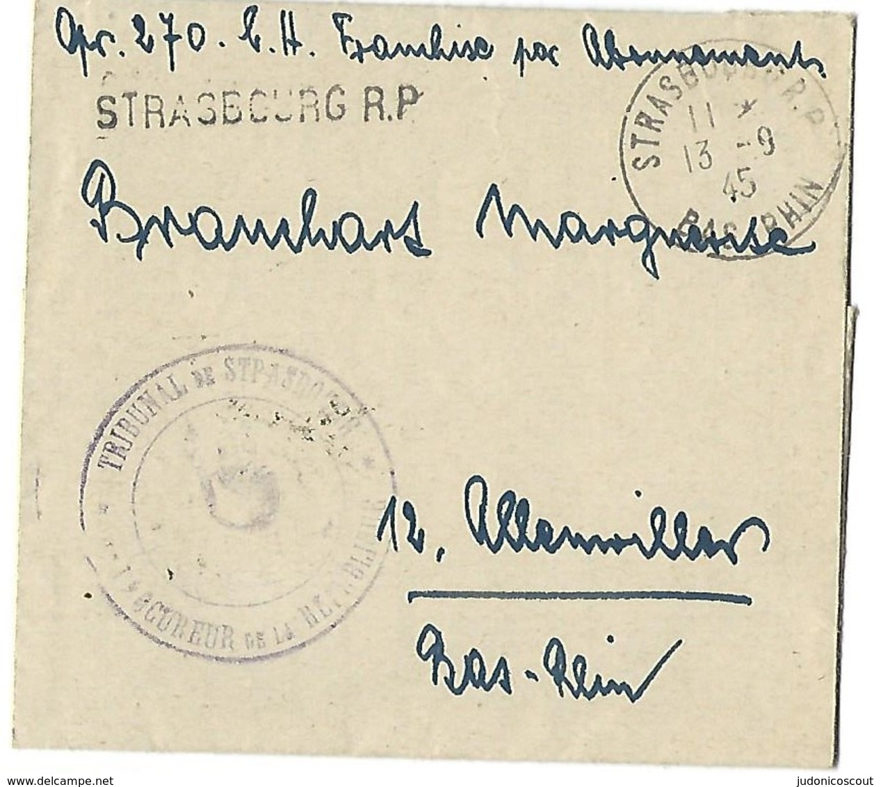 STRASBOURG R.P. 13.9.1945 Lettre Recommandée Cachet Provisoire Linéaire 1 Ligne LR270 En Franchise - 1921-1960: Moderne