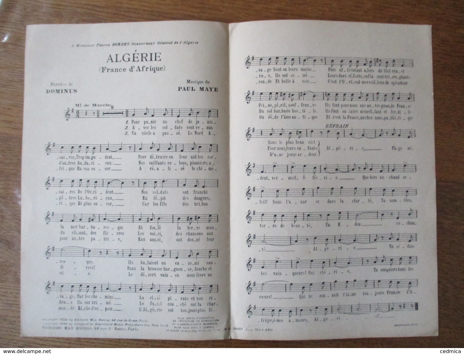 ALGERIE ( FRANCE D'AFRIQUE) A MONSIEUR PIERRE BORDES GOUVERNEUR DE L'ALGERIE PAROLES DE DOMINUS MUSIQUE DE PAUL MAYE 193 - Partitions Musicales Anciennes