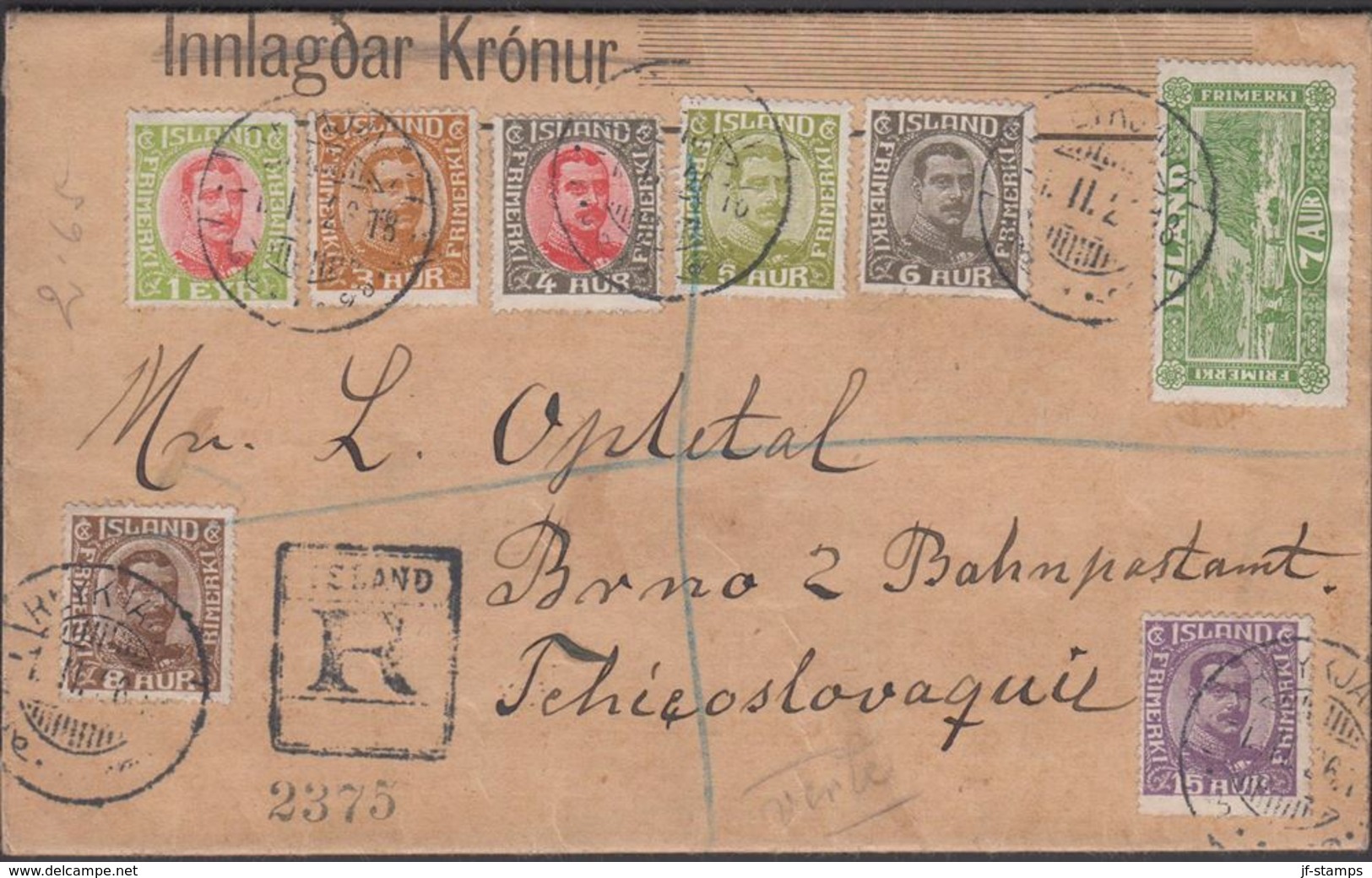 1926. 1 EYR, 3, 4, 5, 6, 8, 15 AUR  Christian X + 7 AUR Vik + 10 + 35 AUR Reykjavik. ... () - JF305809 - Covers & Documents