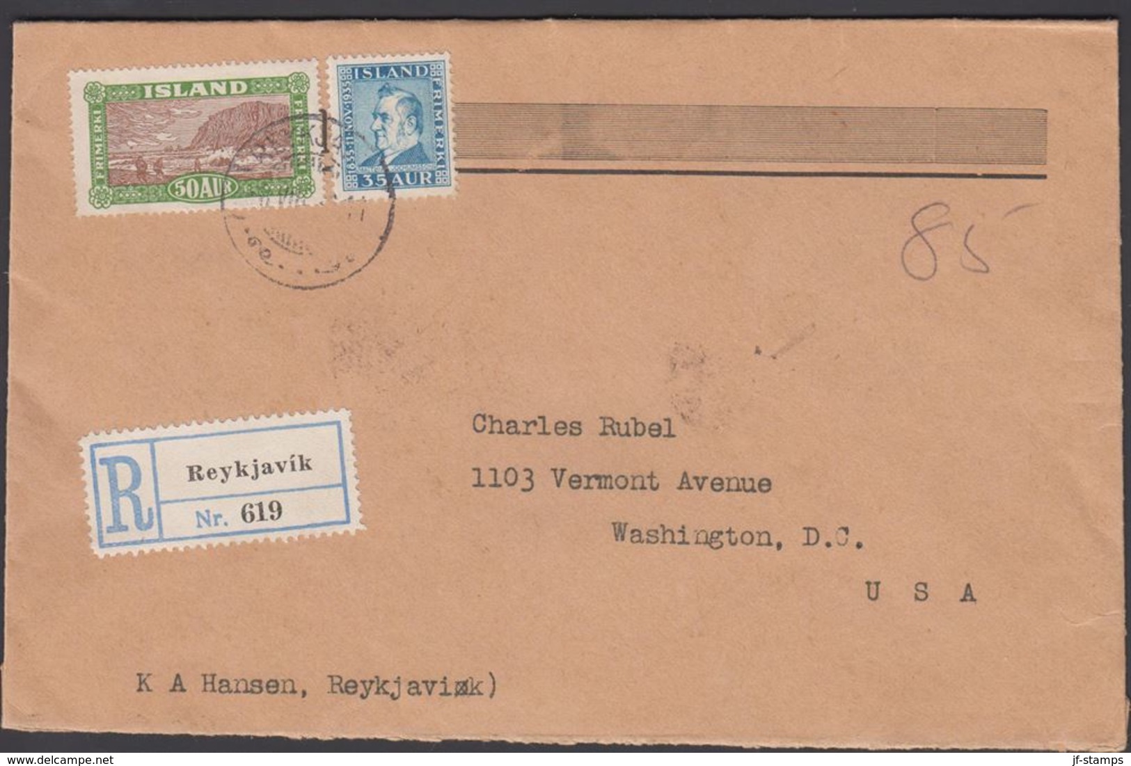 1936. 50 AUR Vik. REYKJAVIK 8. VIII. 36. Reg. Washington, D.C.. USA. WASHINGTON AUG 2... () - JF305840 - Storia Postale