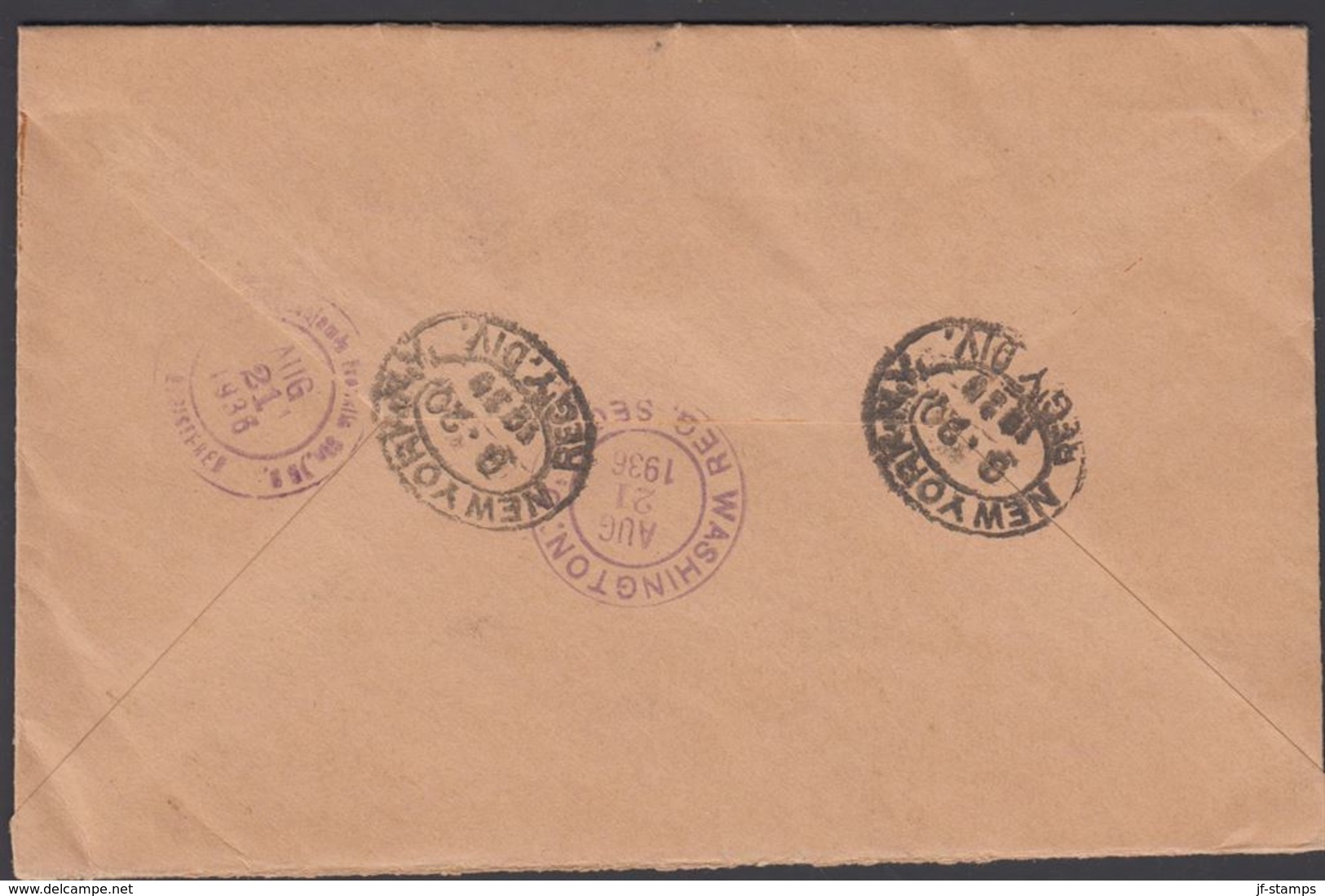 1936. 50 AUR Vik. REYKJAVIK 8. VIII. 36. Reg. Washington, D.C.. USA. WASHINGTON AUG 2... () - JF305840 - Storia Postale