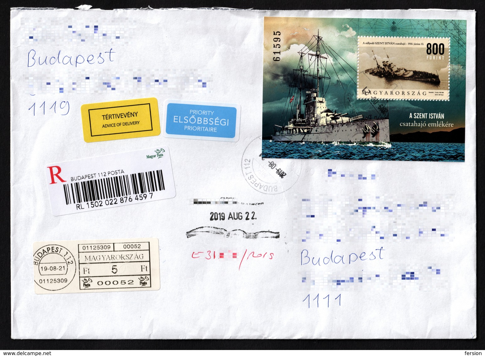 SMS Szt. István Dreadnought Battleship WW1 Adriatic Sea Austria Hungary Crotatia BLOCK Registered Cover AR Priority 2018 - Lettere