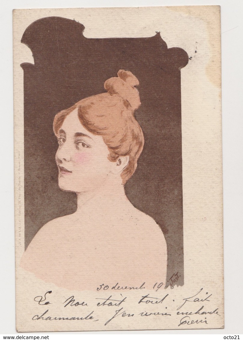 Cpa Fantaisie Signée Just.(?) 1900 / Jeune Femme De Dos Et De  Profil - Autres & Non Classés