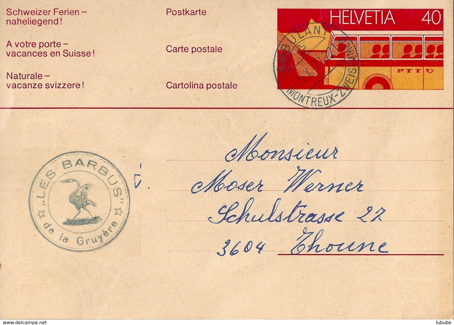 PK 207  "Les Barbus De La Gruyère, Montbovon"  (Bahnstempel)         1977 - Enteros Postales