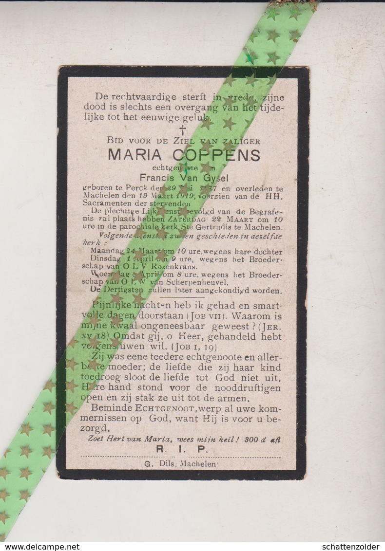 Maria Coppens-Van Gysel, Perck 1877, Machelen 1919 - Obituary Notices