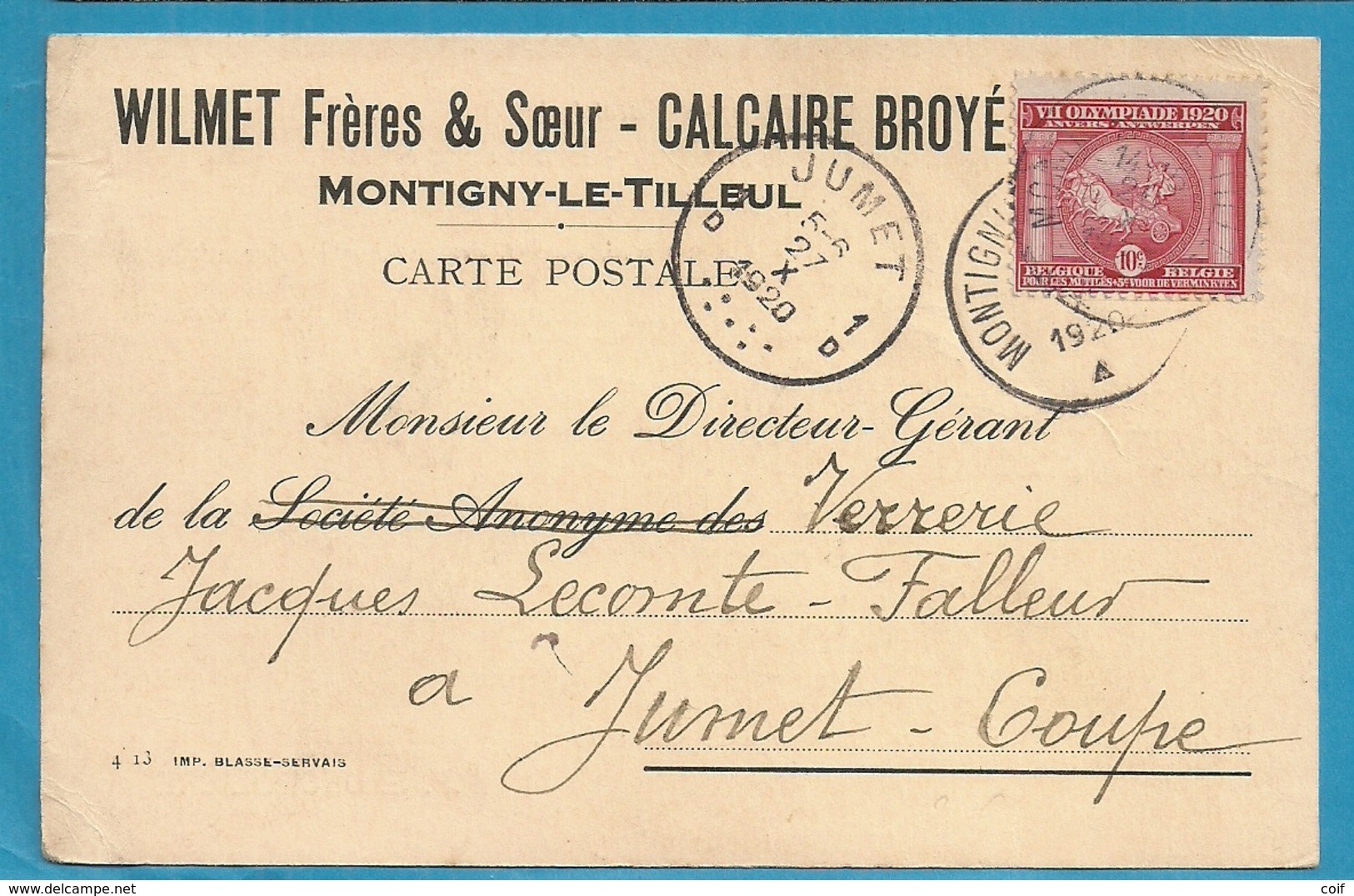 180 (OLYMPIADE) Op Kaart Stempel MONTIGNY-LE-TILLEUL - Verano 1920: Amberes (Anvers)