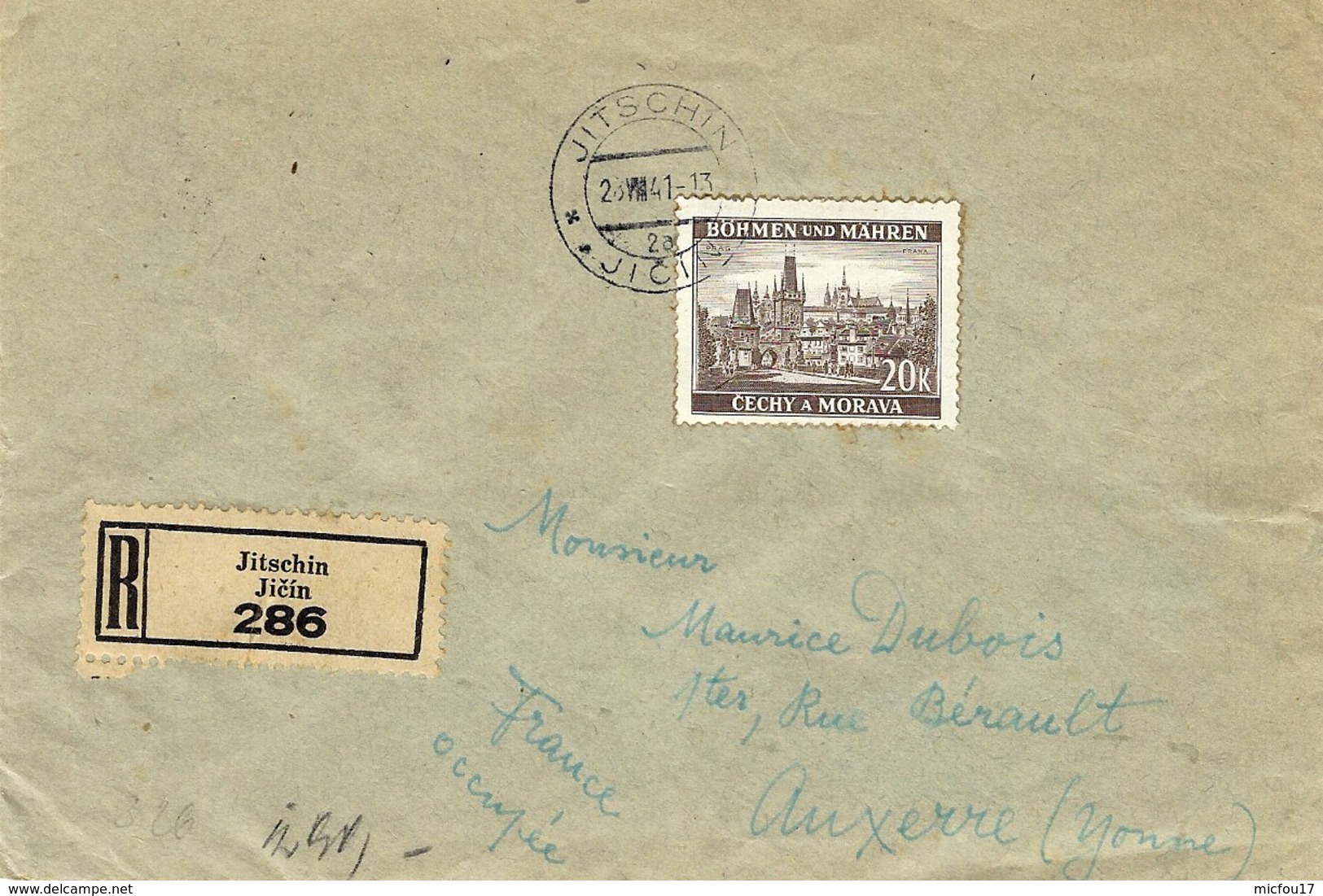 1941- Reg. Cover From Jitschin To Auxerre - Back, Censure Allemande From  Francfort - Lettres & Documents